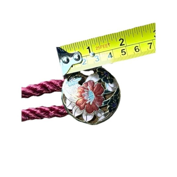 Vtg Cloisonné Floral Pendant Necklace Red Enamel Flower W/Gold Burgundy Cord - Picture 7 of 7